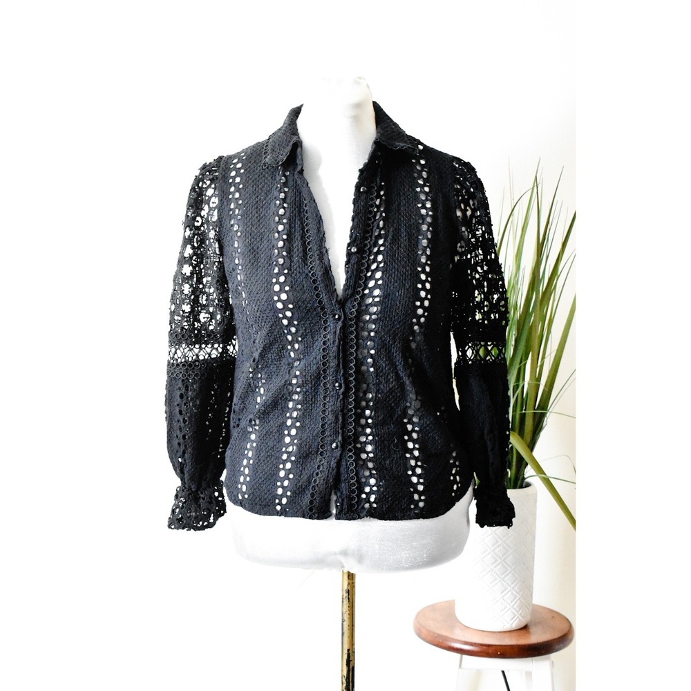 Anthropologie Moth Eyelet Crochet Blouse Womens Large Black Y2K Boho Lace Top